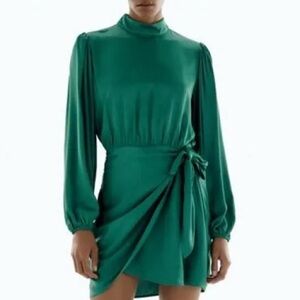 Zara Green Mock-Neck Long-Sleeve Wrap Dress